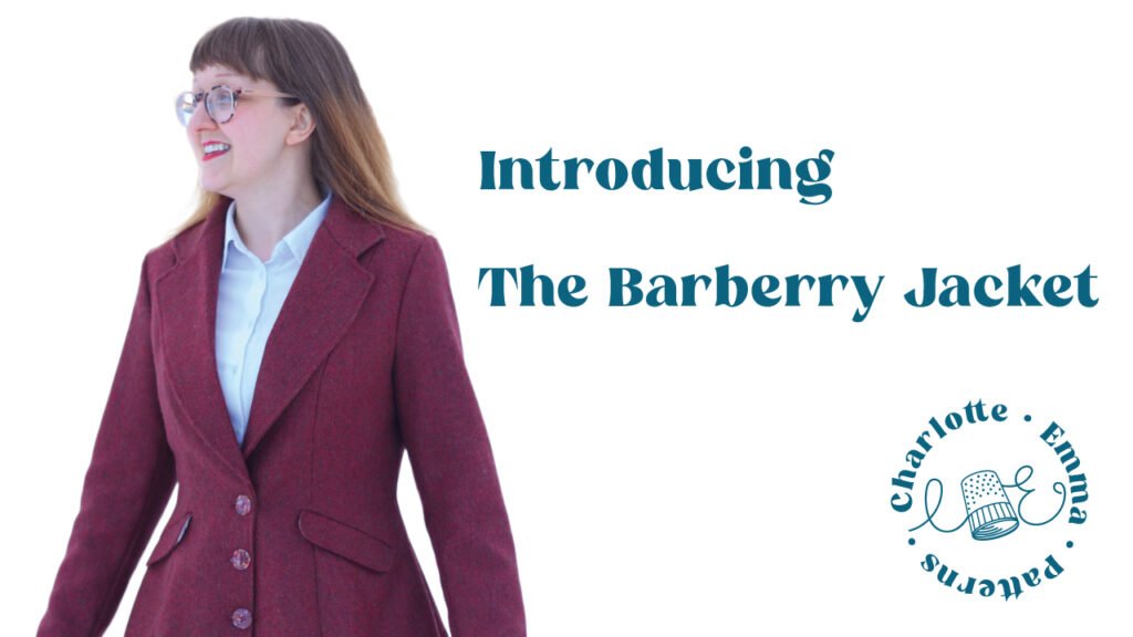 Image with text 'Introducing the Barberry Jacket' and photo of a jacket in red wool